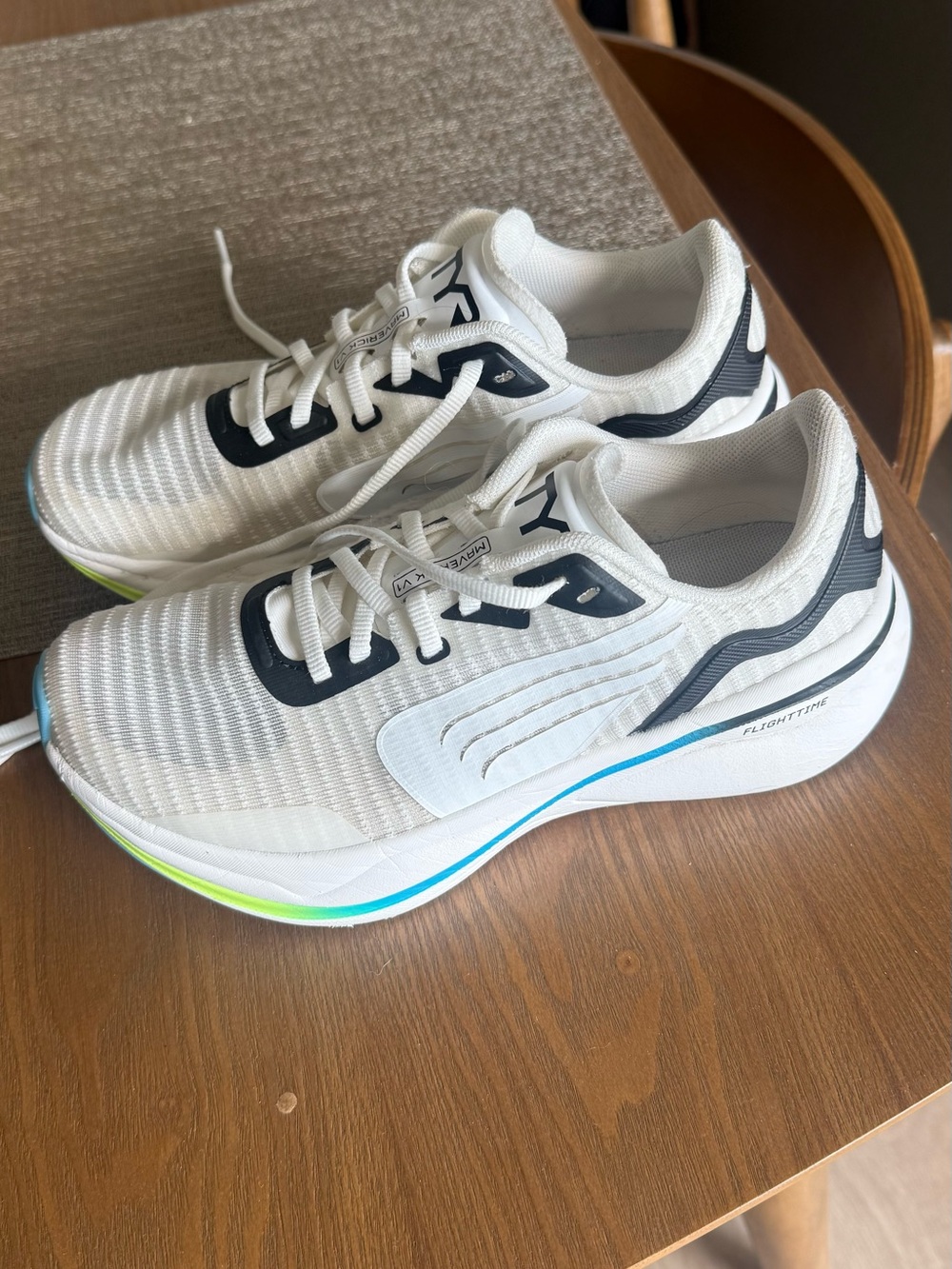 TYR Women's White Sneakers with Black, Blue and Neon Green Accents